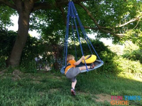 I set out to build a low-lying saucer swing that my 2-year-old son could easily climb onto himself. photo by Candida at TheFunTimesGuide.com