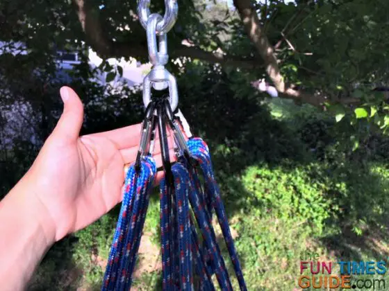 This DIY tree swing uses 3 carabiners for every 2 ropes. 