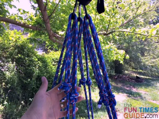 This is what it looked like after I attached the 6 ropes with 3 carabiners (2 ropes per carabiner) to the bottom side of the swivel hook. 