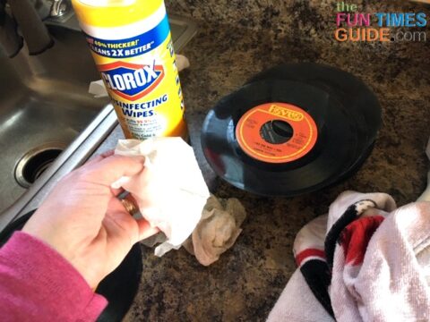 To clean my old 45s, I wiped each one with Clorox wipes, and then I dried each one with a soft towel.