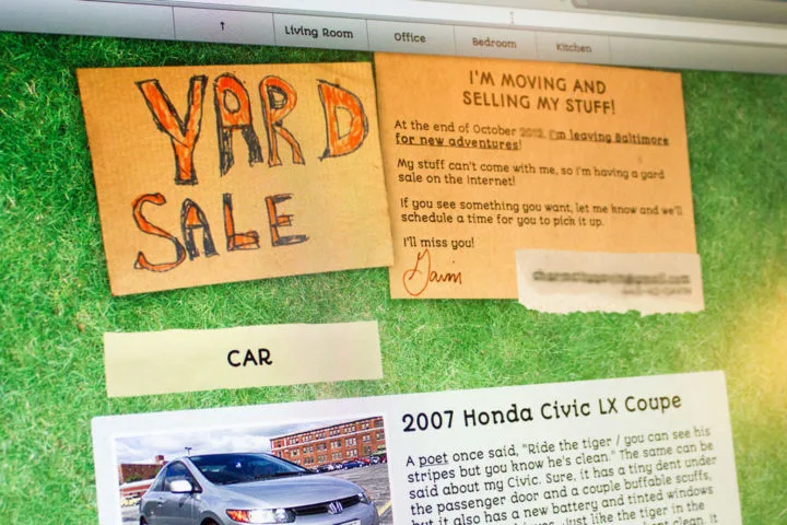 An example of some eye-catching yard sale signs on a community bulletin board.