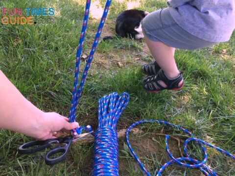 Cutting 6 rope lengths at approximately 14 feet long each. photo by Candida at TheFunTimesGuide.com