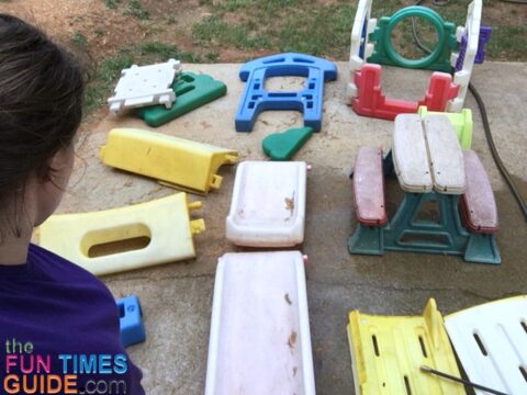 Next, it was time to clean all of the pieces and parts of this toddler outdoor climber.