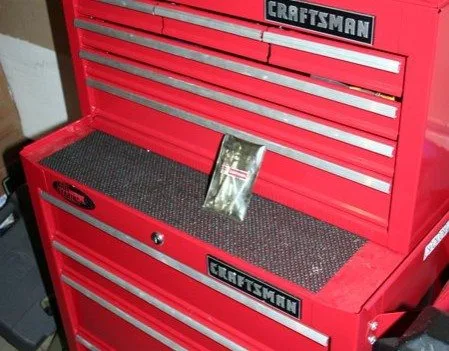 Our Craftsman toolboxes. One stacked on top of the other -- with the tiny set of wrenches I used to fix the dishwasher myself.