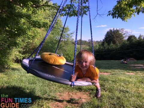 See how I used a small fitness trampoline to make a saucer swing for my toddler to enjoy. photo by Candida at TheFunTimesGuide.com