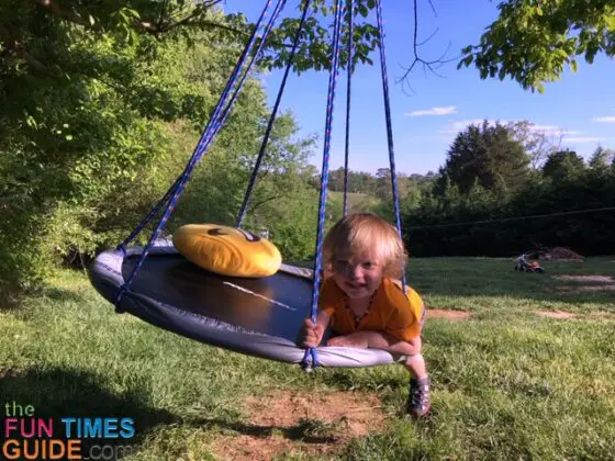 See how I used a small fitness trampoline to make a saucer swing for my toddler to enjoy. 