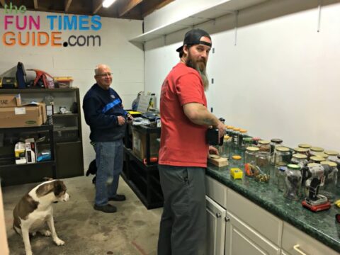 My father-in-law and husband working hard on the shelf organizer for our garage.
