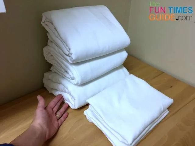 This is what the folded sheets looked like after they were washed, dried, and folded: lots of wrinkles! Total time spent drying and folding: 58 minutes.