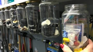 Wondering What To Do With Old Glass Jars And Lids? We Repurposed Ours To Make This DIY Shelf Organizer For The Garage!