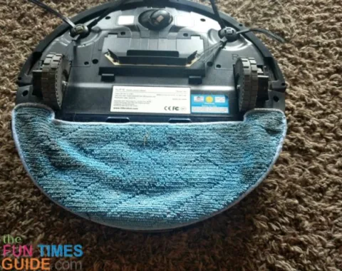 This is what the underside of the iLife robot vacuum cleaner - V8 model - looks like with the water canister and mop pad attached.