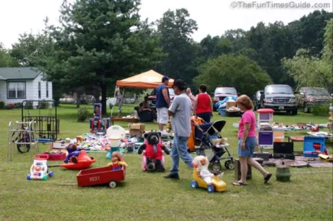 Example of a large yard sale on the lawn.