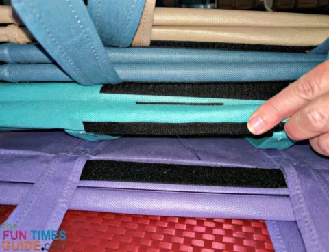 A closeup of the very thick and durable velcro that keeps the Lotus Trolley Bags together during storage.
