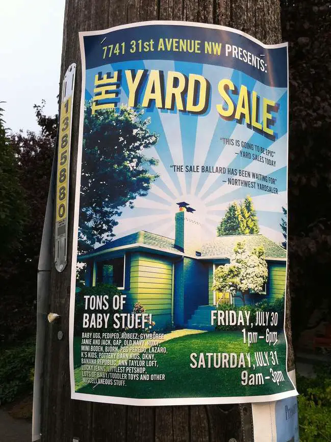 The PROS: 1) Looks like a magazine ad 2) The words "yard sale" help but not enough... The CONS: 1) The picture of a house is the only thing your eye jumps to 2) Too many words all over the place 3) Words are too small (even if you're standing right next to the sign). 