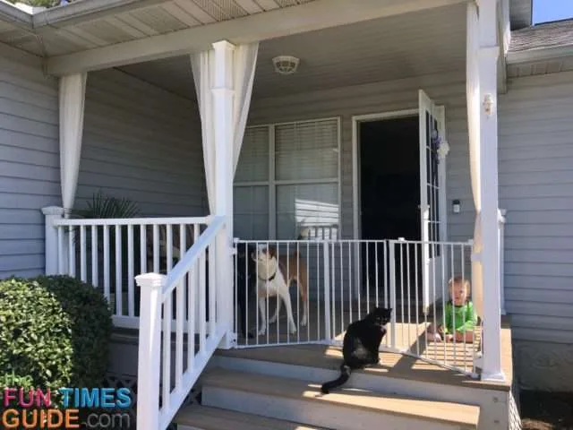 Here my son and our pets are enjoying the beautiful outdoors with the porch curtains opened wide. I like how I can close the curtains to give us some privacy and act as a barrier against bugs too.