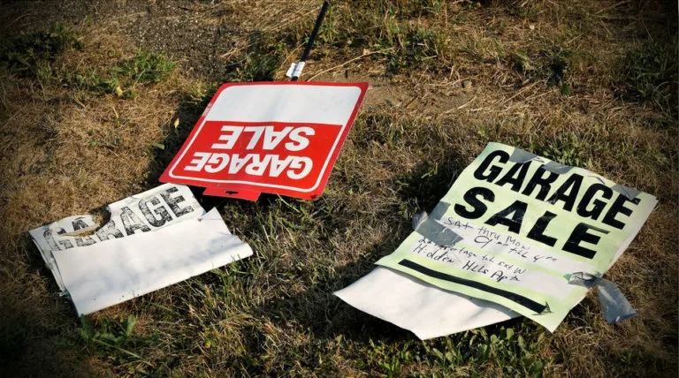 How do you know these aren't good eye-catching yard sale signs? Because these old yard sale signs were freely left along the roadside after a weekend of yard sales. Catchy signs are typically reusable and you WANT to save them to use yard sale after yard sale!