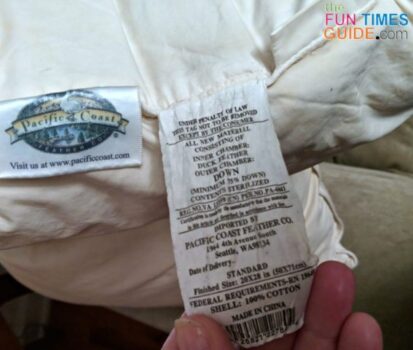 A closeup of the bedding tag on our well-used Pacific Coast pillows that are now 10 years old!