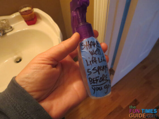 This is one of my non-fancy blue painters tape instruction notes for DIY Poo Pourri. It works! 