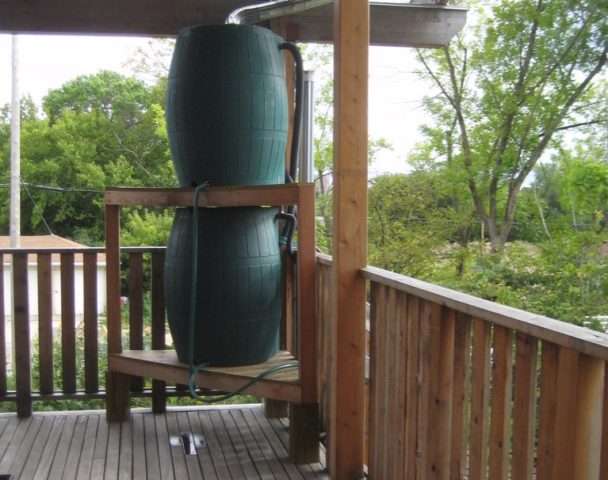 A gravity-fed rainwater collection system - rain barrels! 