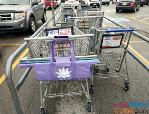 My Lotus reusable shopping bags velcro'd onto the handle of a shopping cart prior to shopping.