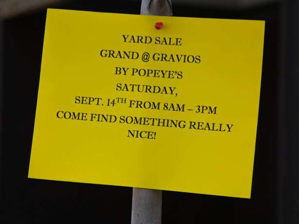 The PROS: 1) Bright yellow color 2) Helpful landmarks 3) Date and time... The CONS: 1) Too small of a sign 2) Too wordy 3) Too much of the same font -- so it's hard for your eye to find a place to "jump in" start reading (unless you read it word-for-word like a book, which people don't do)