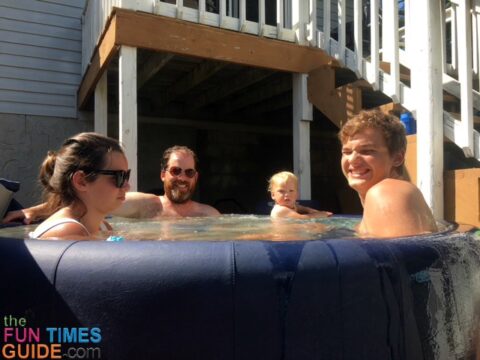 The Softub is a small outdoor hot tub that feels cozy after you get a few adults in there.