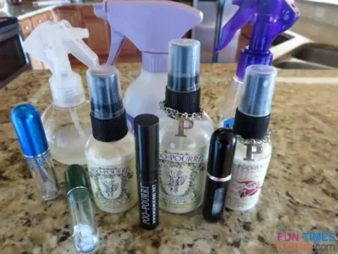 This is my current collection of storebought and homemade Poo Pourri sprays. 