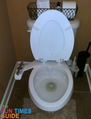 This is what the Superior Bidet attachment looks like with the toilet seat up.