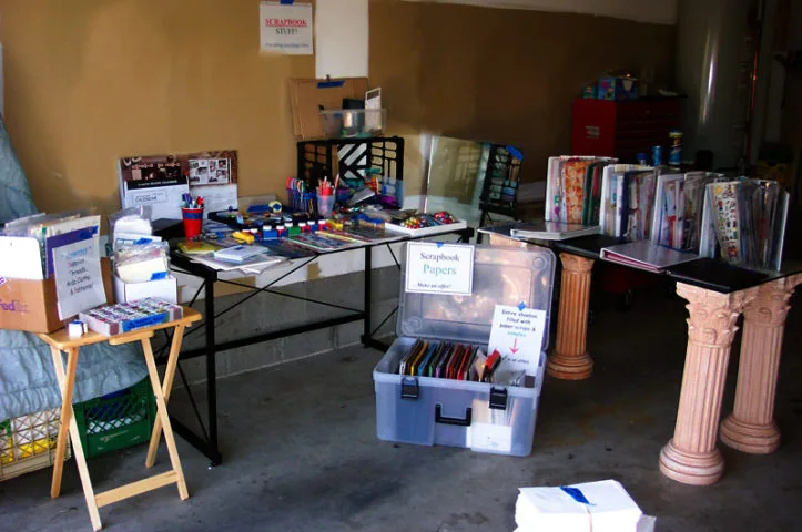 Here you can see lots of the price signs and category signs that I placed near the craft & scrapbook items at one of my garage sales.